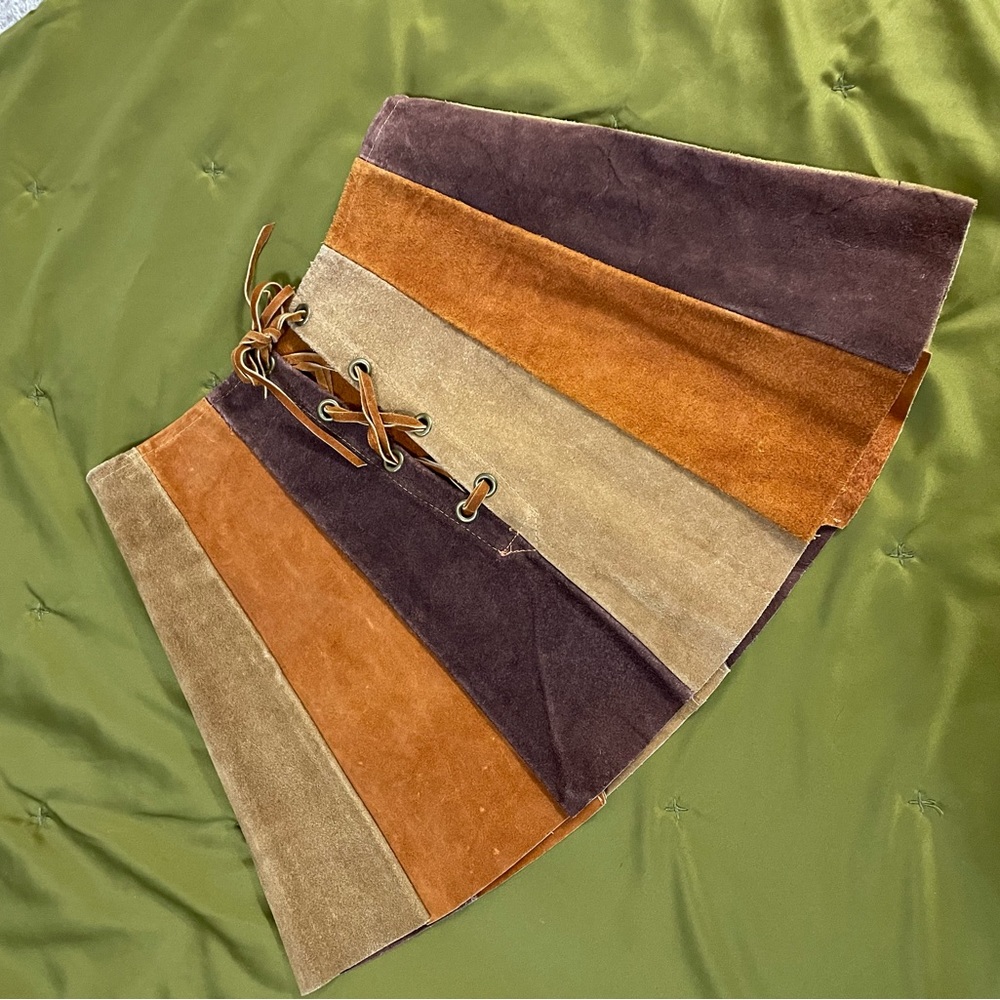 Best vintage mini patchwork suede leather lace up skirt